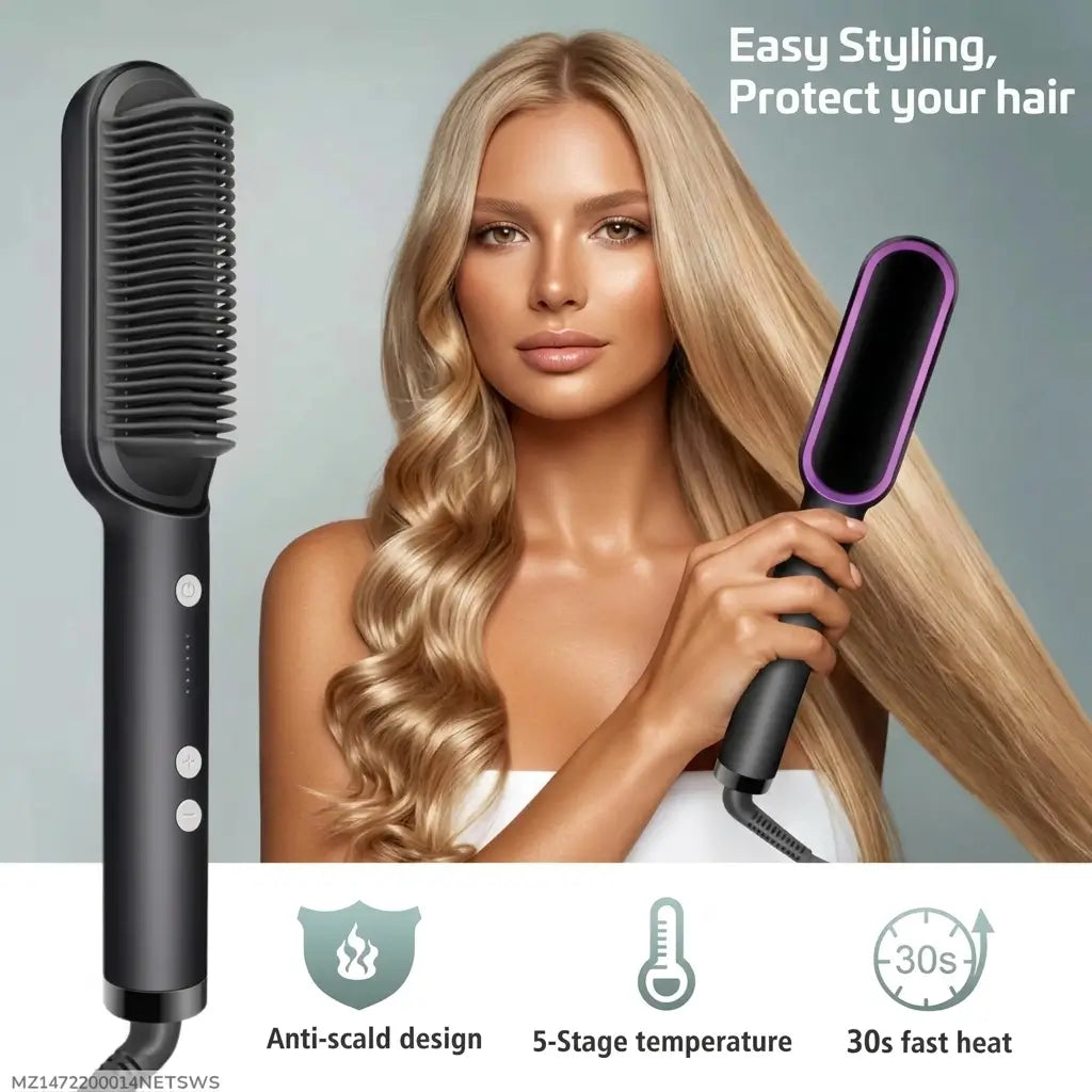 Professional 2-in-1 hair straightener brush and electric heated styling comb in black, showing the ceramic bristled heating side