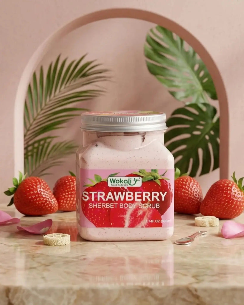 Strawberry Sherbet Body Scrub Cream container displaying the fresh strawberry graphic label and whitening product properties 