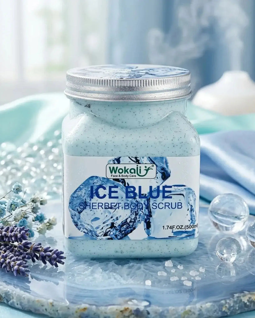 Wokali Ice Blue Herbal Facial Scrub Cream container on a fresh background with lavender accents, highlighting its skin whitening and exfoliating feature