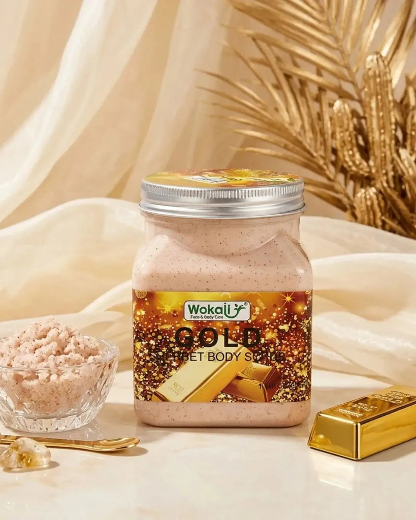 Wokali Mokal Y Gold Sherbet Body Scrub 500ml jar packaging front view with gold accents