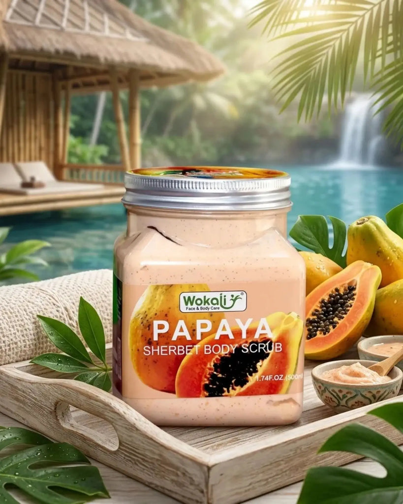 Wokali Papaya Sherbet Body Scrub 500ml jar packaging front view with orange papaya graphics